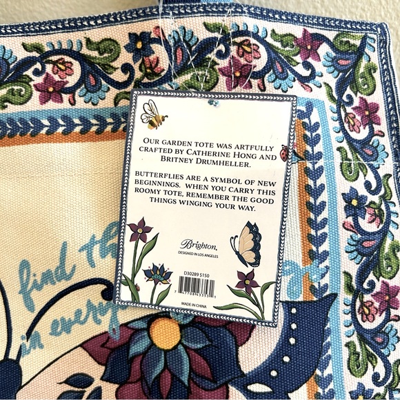 Brighton NWT Butterfly Garden Tote OS Blue Pink Canvas Shoulder Bag - Picture 5 of 8